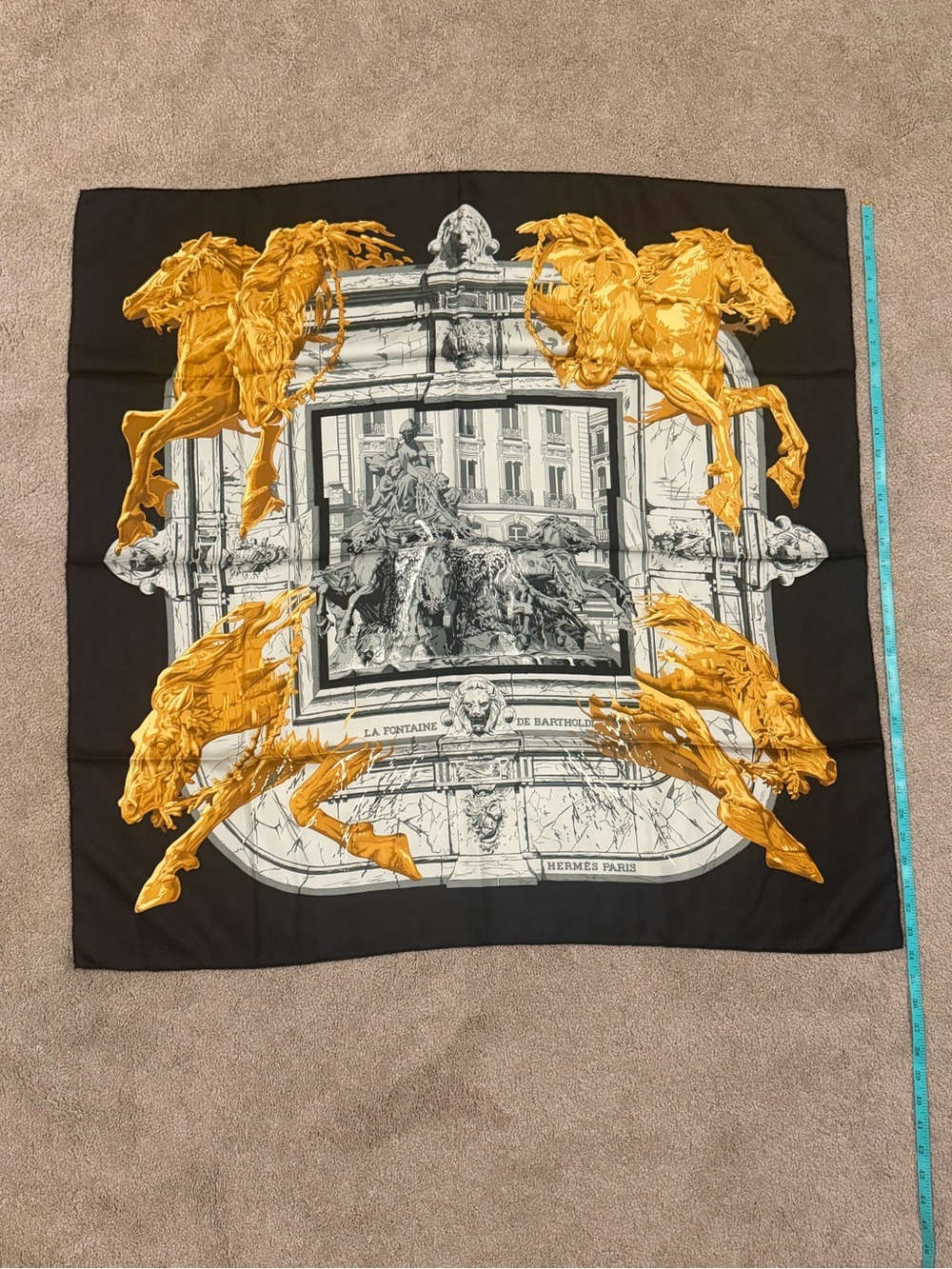 Hermes La Fontaine de Bartholdi Silk Scarf 90 Black Gold Horses